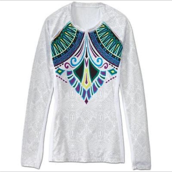 Athleta White Long Sleeve Tee with Multicolor Design - Picture 1 of 9